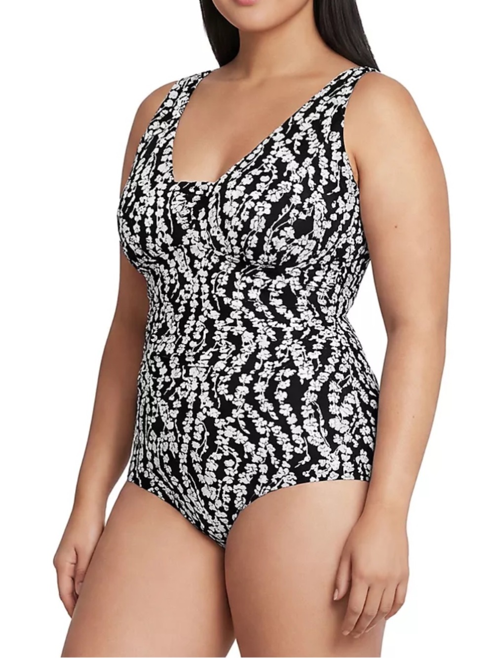 Lands End Swimsuit Grecian Slimsuit Black White Vine Floral 20W